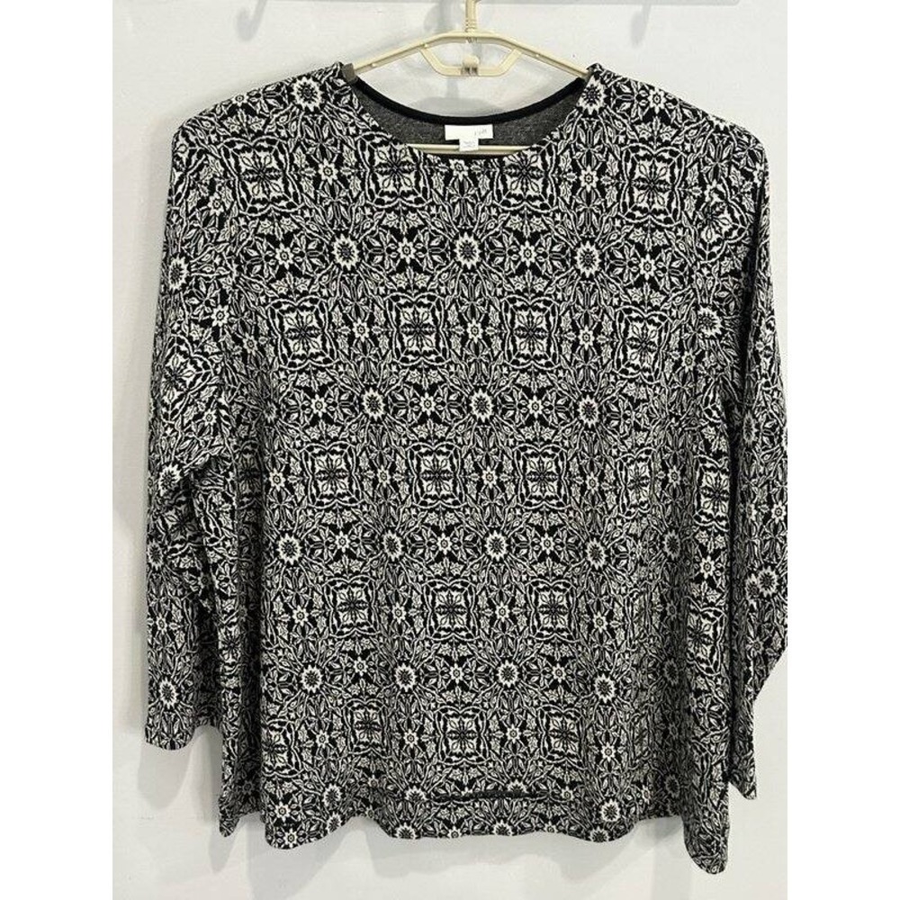 J Jill‎ Black Cream Print Long Sleeve Tunic Sweater Long Sleeve Cotton Size 3X